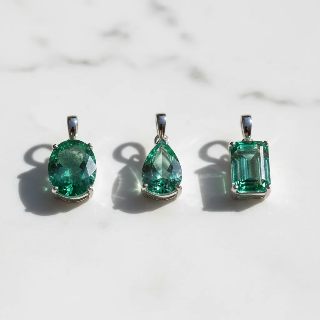 Collection de pendentifs émeraude présentée sur velours noir