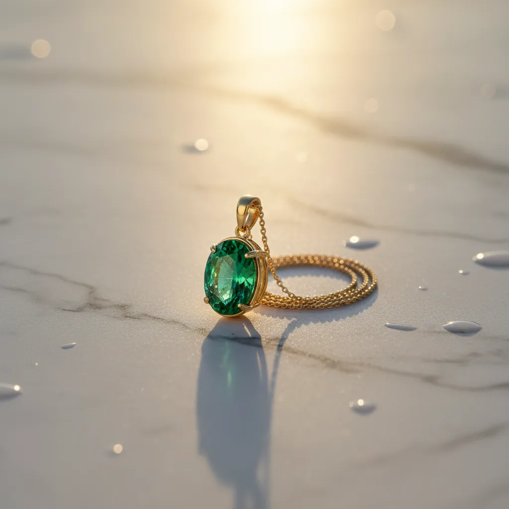 Gros plan sur une émeraude verte intense mettant en valeur ses inclusions naturelles