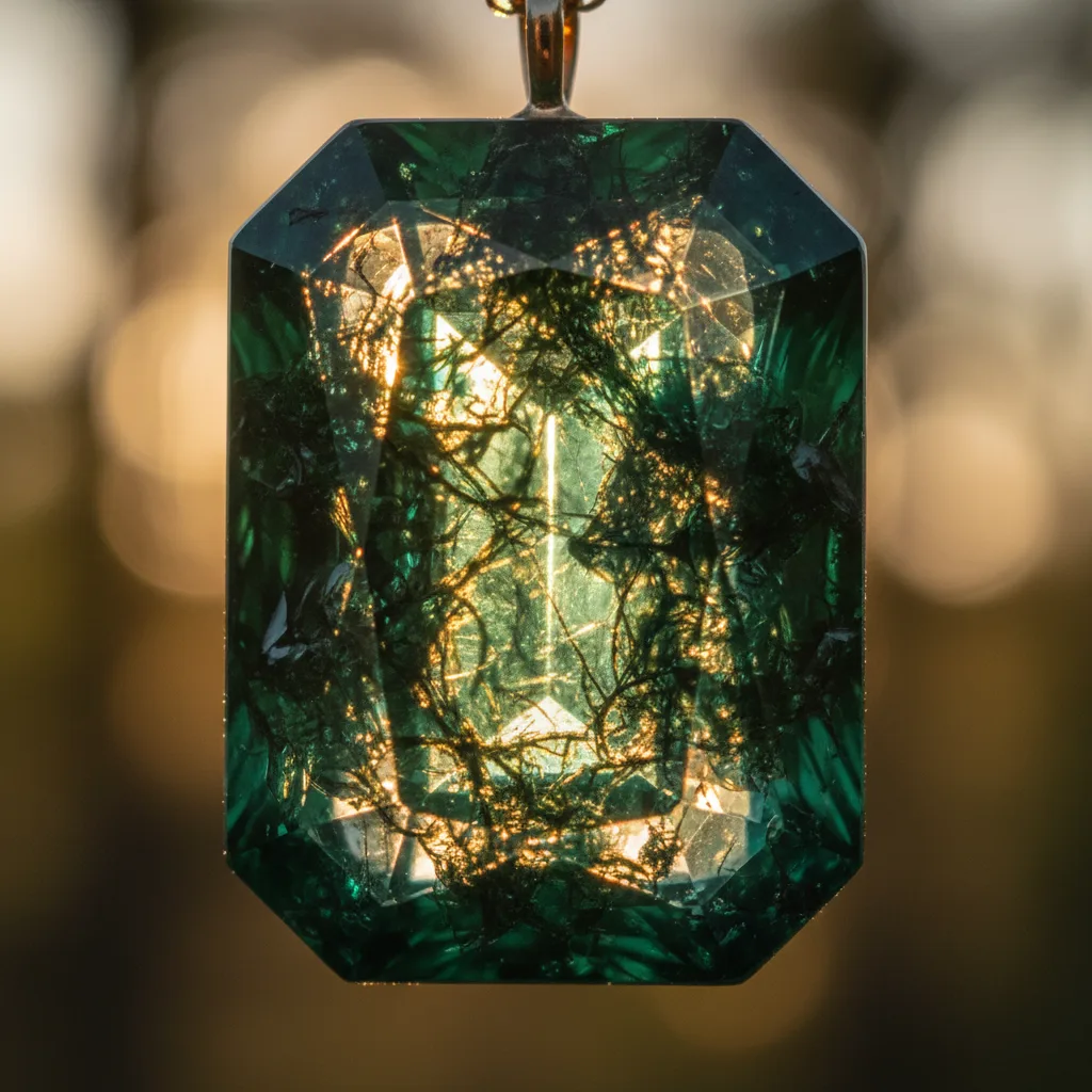 Émeraude cabochon sertie clos sur pendentif en vermeil